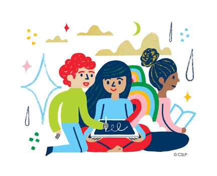 Illustrated graphic of 3 seated children reading a book