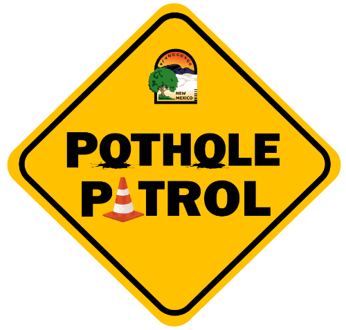 Pothole Patrol logo, Yellow street sign with black text, and City of Alamogordo logo