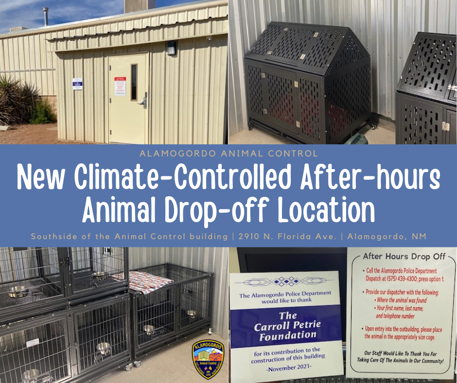 The climate-controlled animal drop-off location is located on the south side of the building.